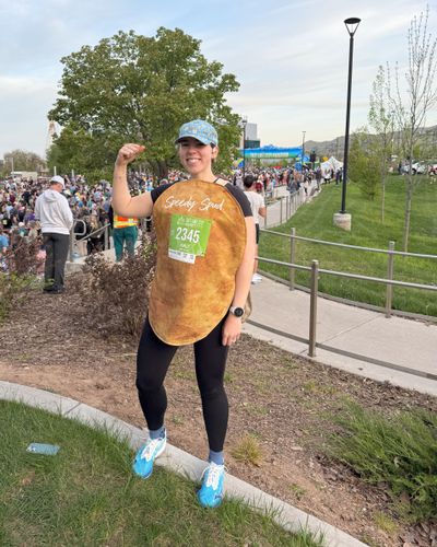 Ainsley Chapman, seen before the start of the Salt Lake City Half Marathon in April, was picked as Potatoes USA’s Speedy Spud mascot. (Erin Bracken/Potatoes USA)